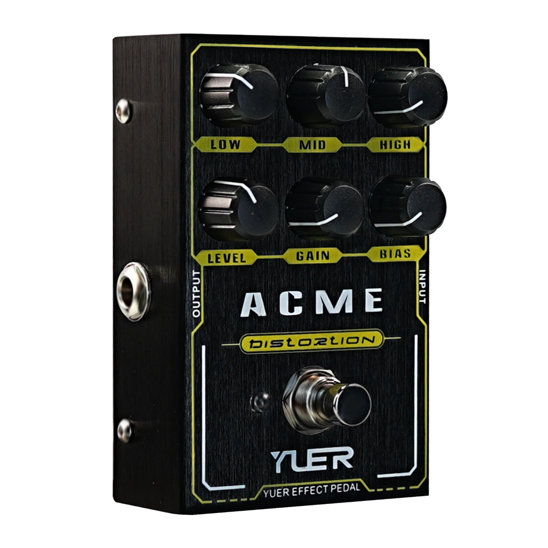 Gitarreneffektpedal, Distortion-Pedal, schwarzes Metallgehäuse, sechs Drehregler, Fußschalter